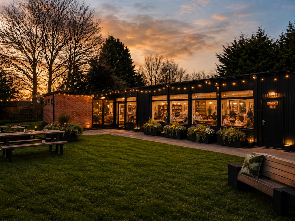 A long single-storey black-clad community hub at dusk, its lit windows showing people sitting at tables inside, with string lights along the roof, a lawn and picnic benches outside, and a sign.